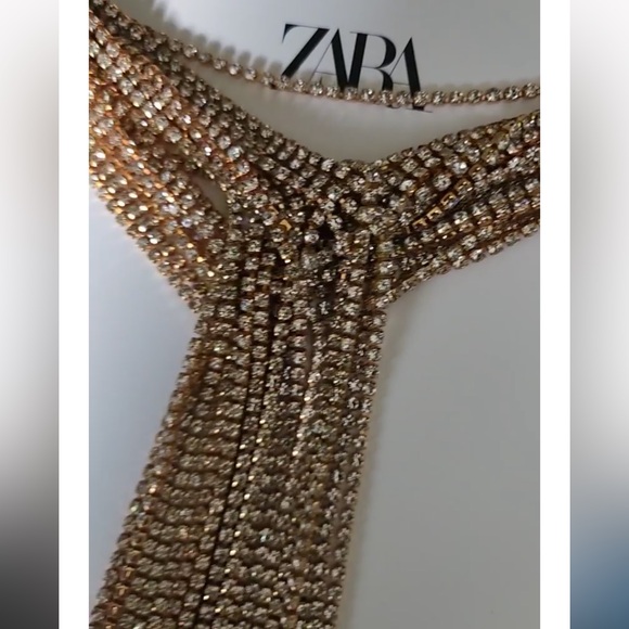 ZARA Rhinestone Necktie Necklace Goldtone NWT - Picture 3 of 9